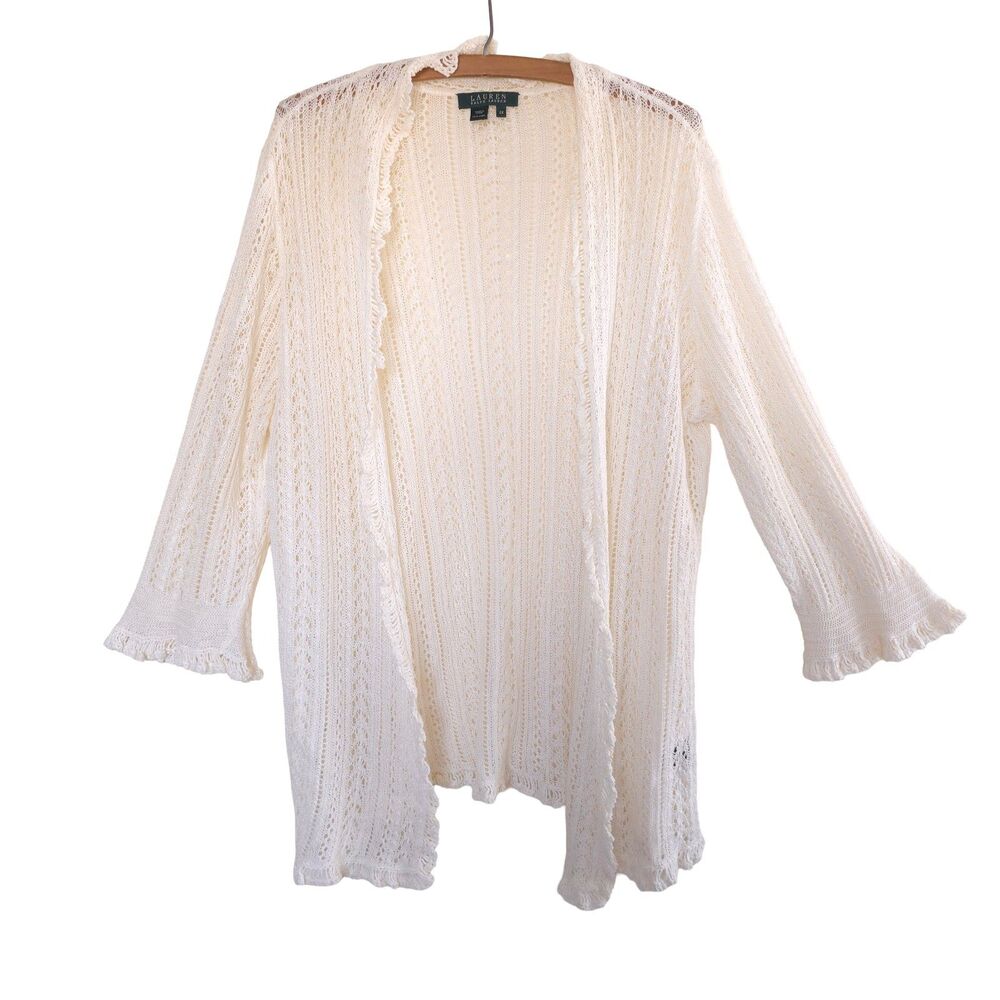 Ralph Lauren Green Label Linen Open Knit Cardigan Ivory 3/4 Sleeve Fringe Beach